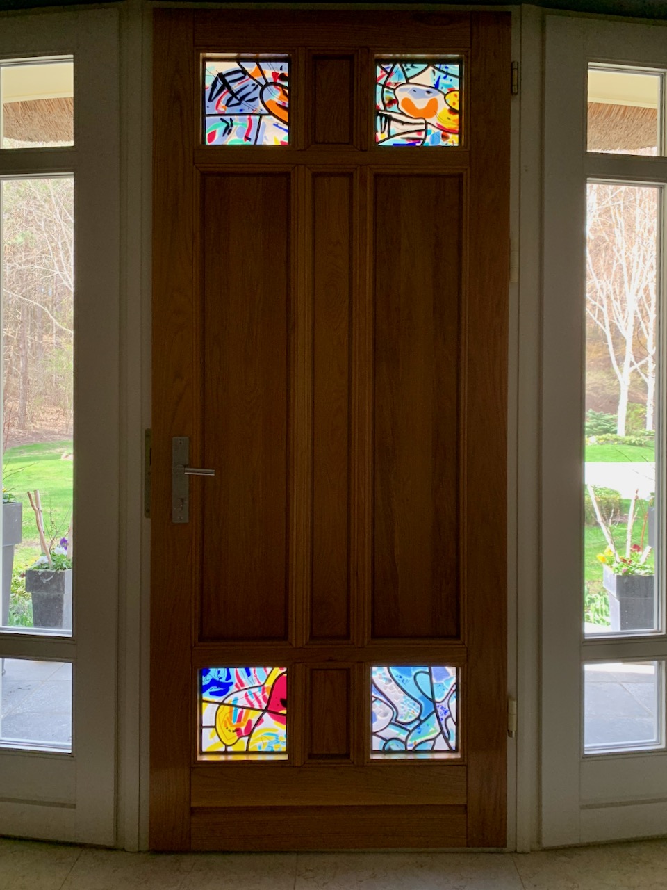 Stained glass window with geometric patterns